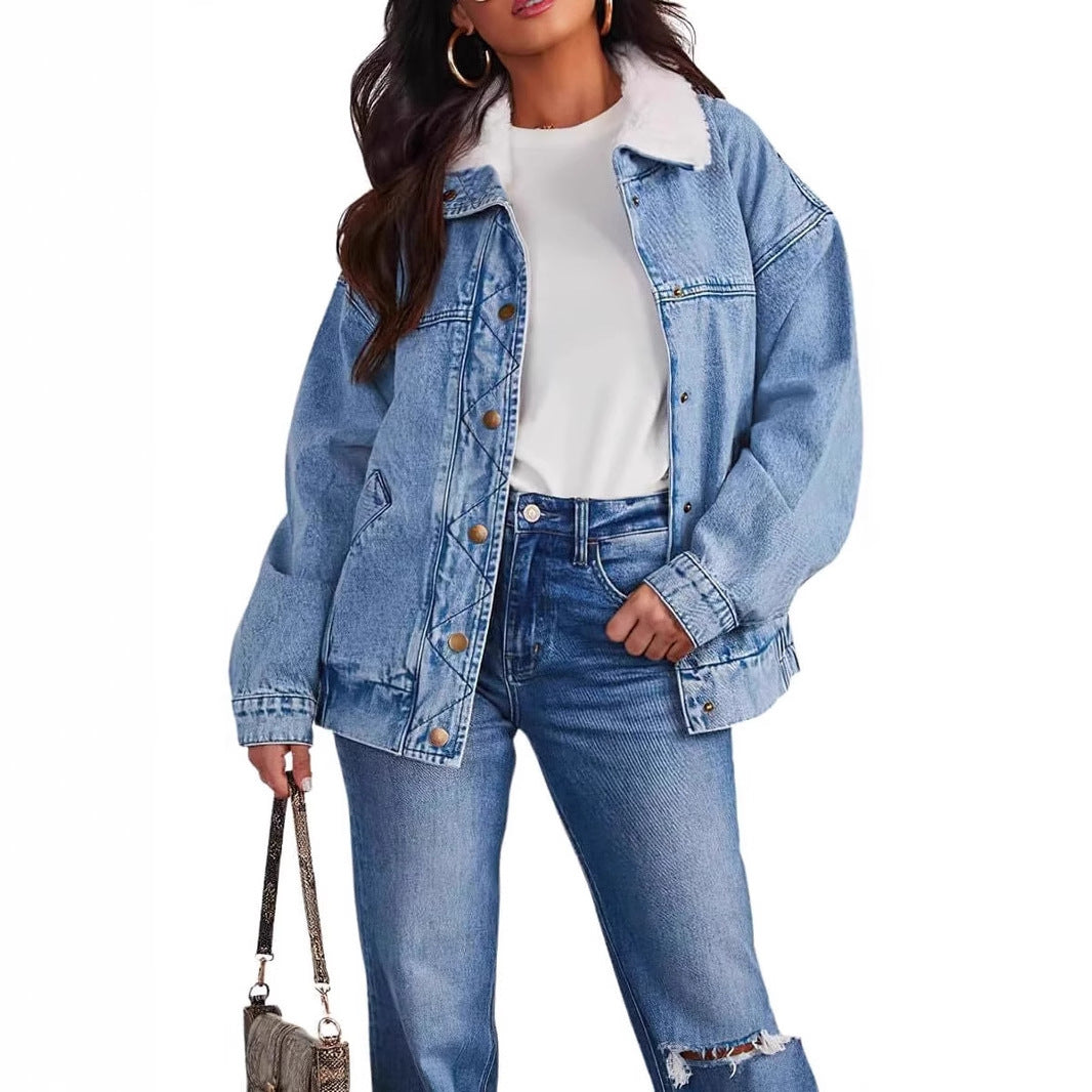 Veste en denim Vivatelle “Élodie” – col en fausse fourrure amovible