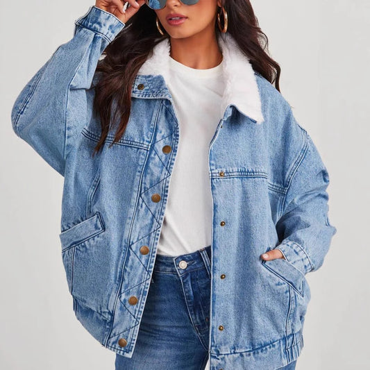 Veste en denim Vivatelle “Élodie” – col en fausse fourrure amovible
