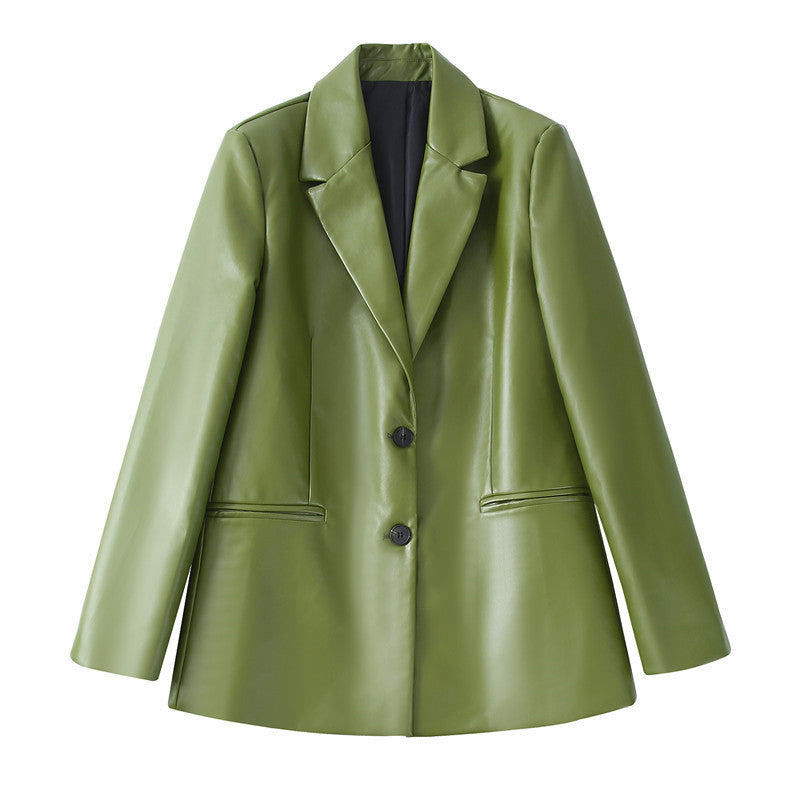 Ensemble en simili cuir Vivatelle “Émeraude” – blazer & pantalo