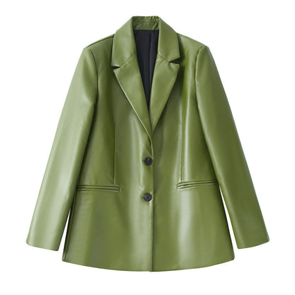 Ensemble en simili cuir Vivatelle “Émeraude” – blazer & pantalo